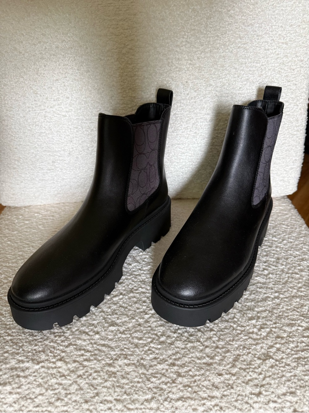 Coach Black Leather Chelsea Lug Boots with Signature Elastic